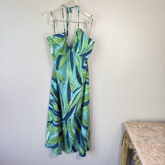 H&M Green Blue Printed Halter V-Neck Midi Dress Size M A-line Spring Summer New - Picture 3 of 9